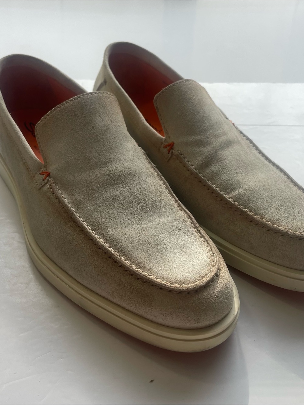 Santoni Italy Men's Beige Suede Slip On Loafers Orange Sole US 10.5 UK 9.5